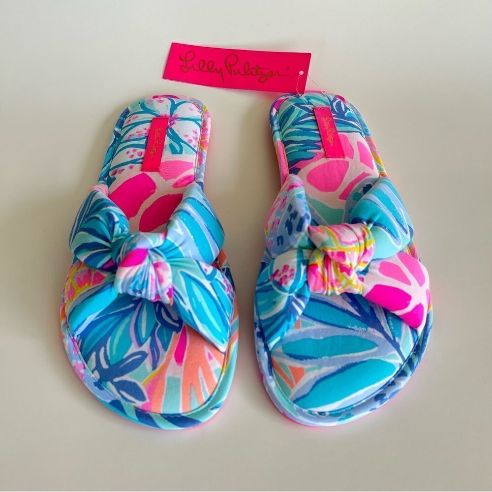 Lilly Pulitzer Pool Slippers Pink Sea Glass Aqua Rainforest Retreat S/M Size 7-8 - Picture 2 of 8